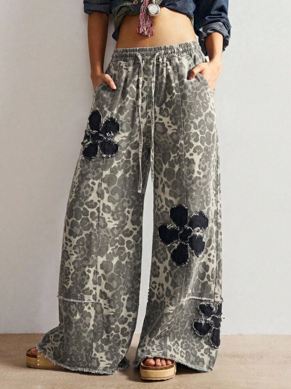Multicolor Casual Women's Boho Woven Leopard Print Denim Long Pants